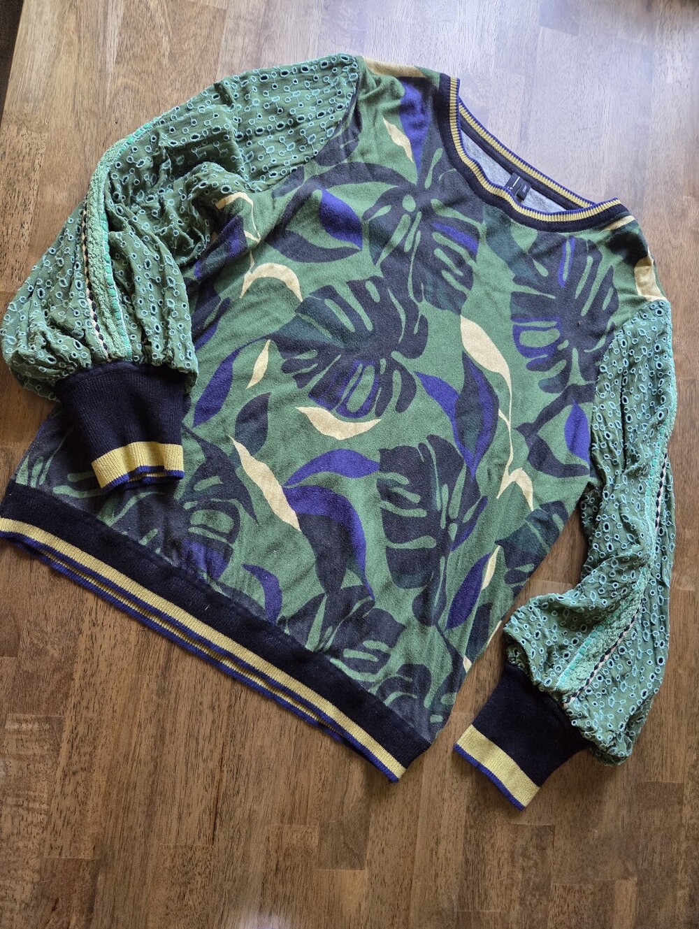 Blank London Green Leaf Print Pullover Sweater with Lined Eyelet Puff Sleeves